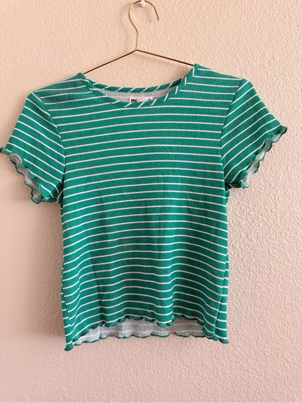 Epic Threads Green and White Striped Ruffle-Edge Short Sleeve Tee
